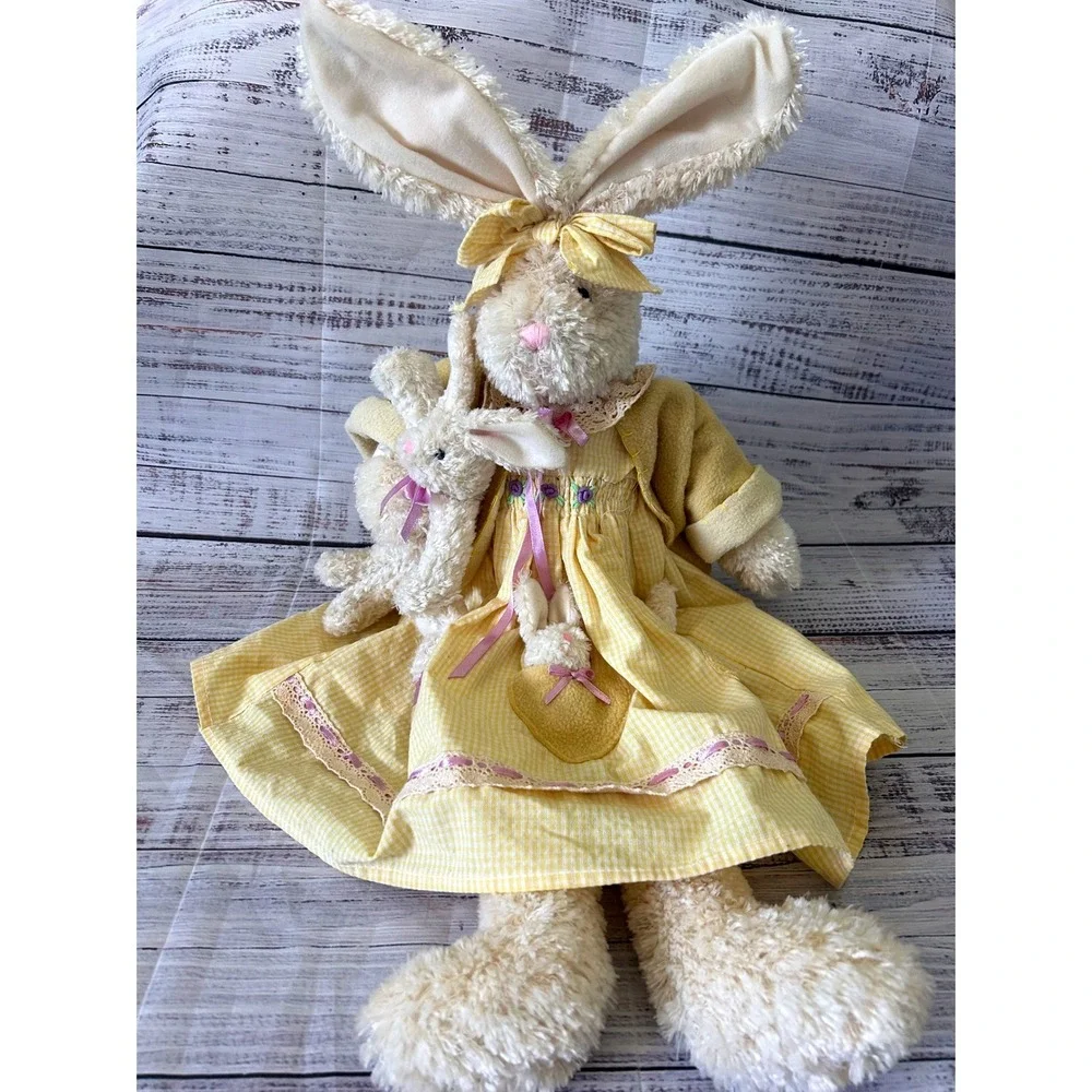 VTG Plush Shelf Sitter Bunny Rabbit Cottagecore Yellow Gingham Baby Bunnies